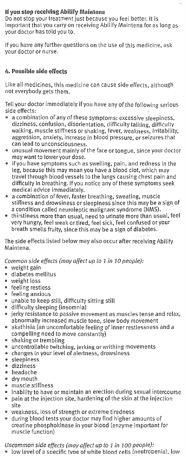 Extract of side effects from Abilify Maintena / Aripiprazole datasheet