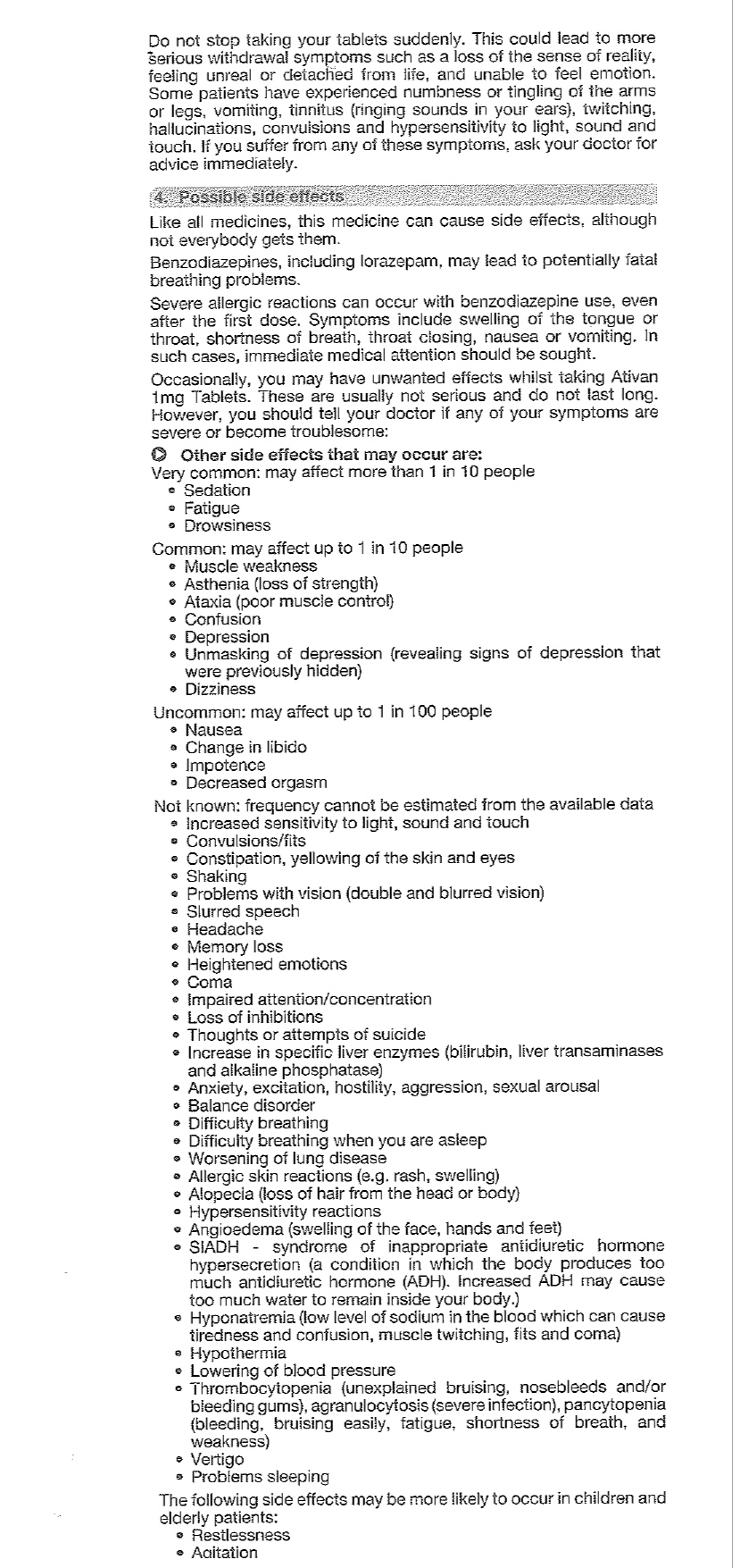 Extract of side effects from Ativan / Lorazepam datasheet