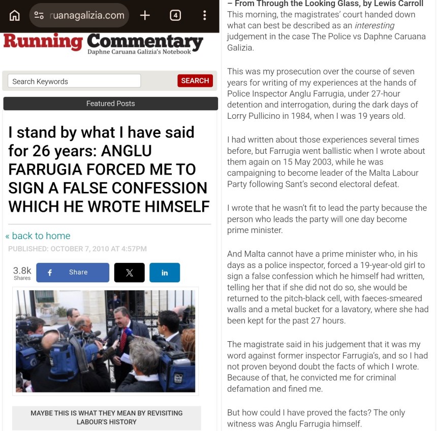 Daphne Caruana Galizia forced to sign a false confession which Anglu Farrugia himself wrote