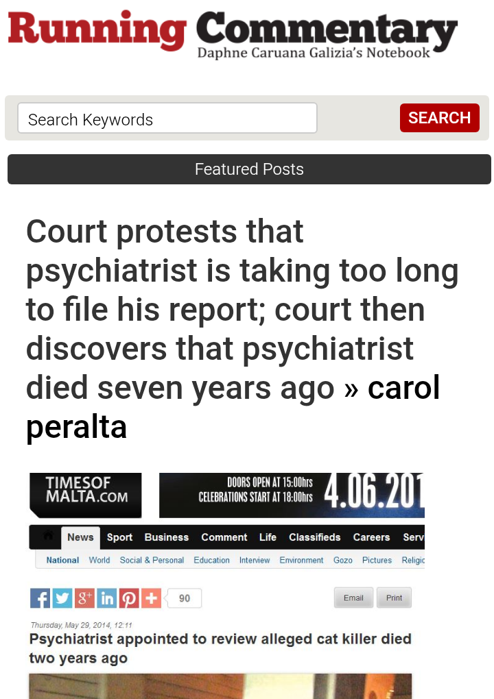 Daphne Caruana Galizia mocking Magistrate Carol Peralta for having appointed a dead psychiatrist