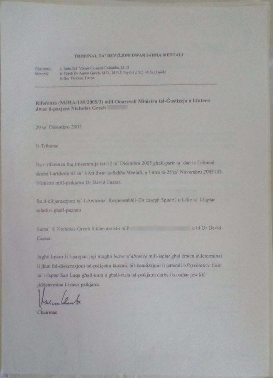 Letter from the Tribunal approving my release from Mount Carmel hospital