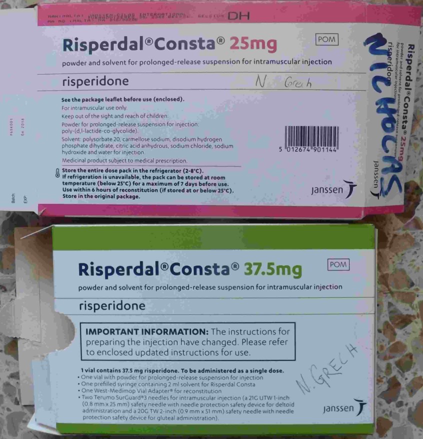 Boxes of Risperdal Injection / Depot with my name inscribed on them.