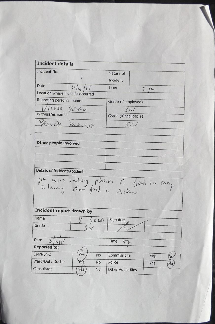 Mount Carmel Hospital incident report, trying to incriminate the staff for stealing patients' food turned against patient