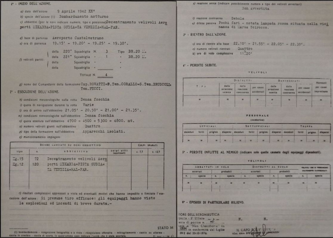 Ir-rapport tal-hbit li sar mir-Regia Aeronautica fid-9 ta’ April 1942.