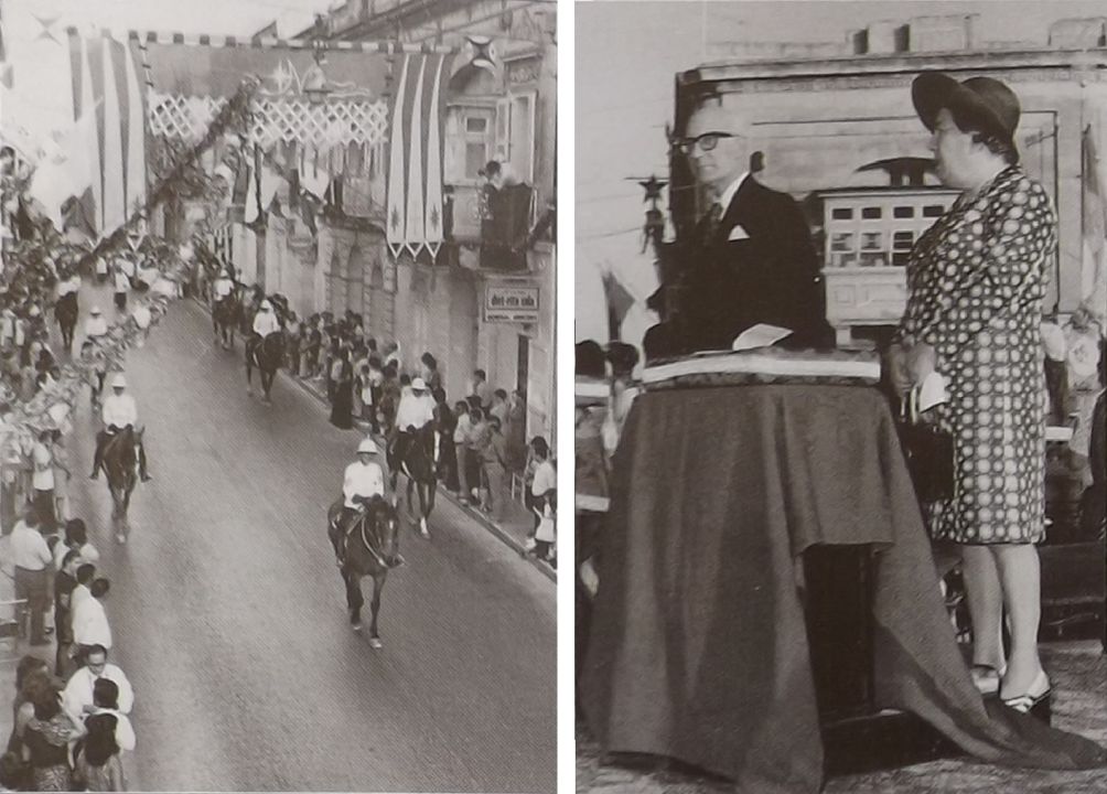 Kavallerija tal-Pulizija teskorta lill-Arcisqof Mikiel Gonzi u l-President tar-Repubblika Sir Anthony Mamo dakinhar tal-10 t'Awissu 1975