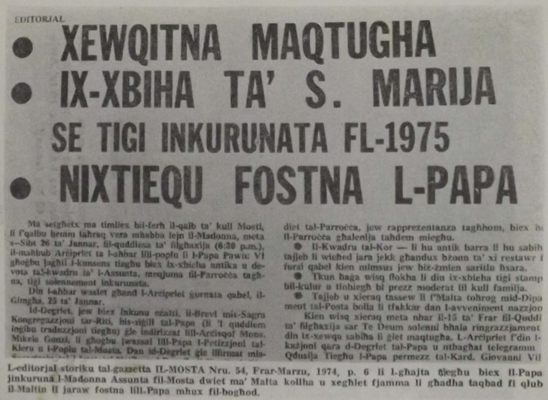Editorjal gazzetta Il-Mosta, Frar-Marzu 1974