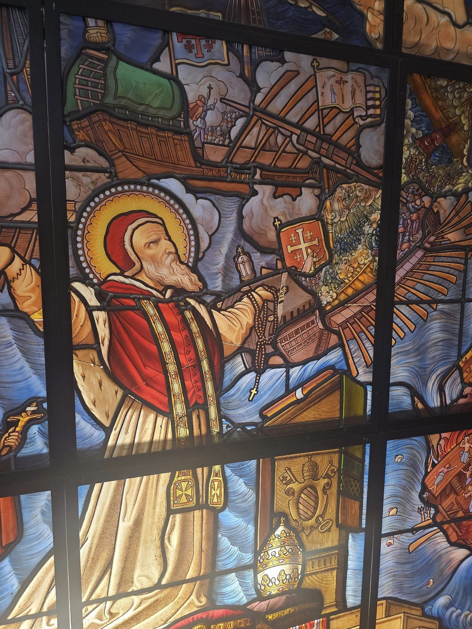Mosta Rotunda Rosary chapel stained glass Lepanto battle